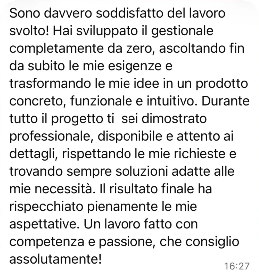 Screenshot del messaggio WhatsApp con la recensione di Alexandru Iancu