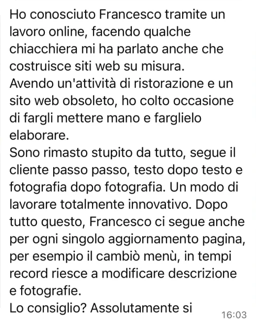 Screenshot del messaggio WhatsApp con la recensione di Thomas Arduini
