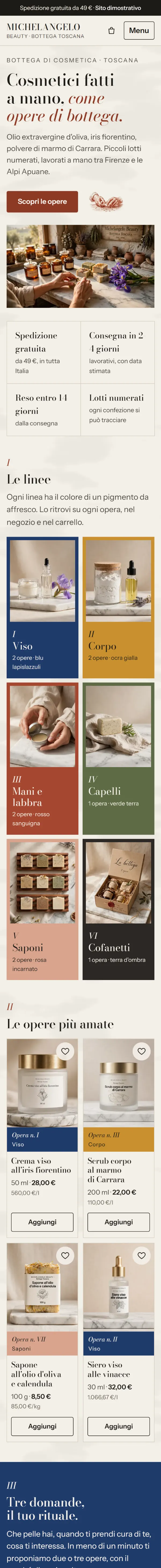 Sito Michelangelo Beauty su telefono: pagina iniziale