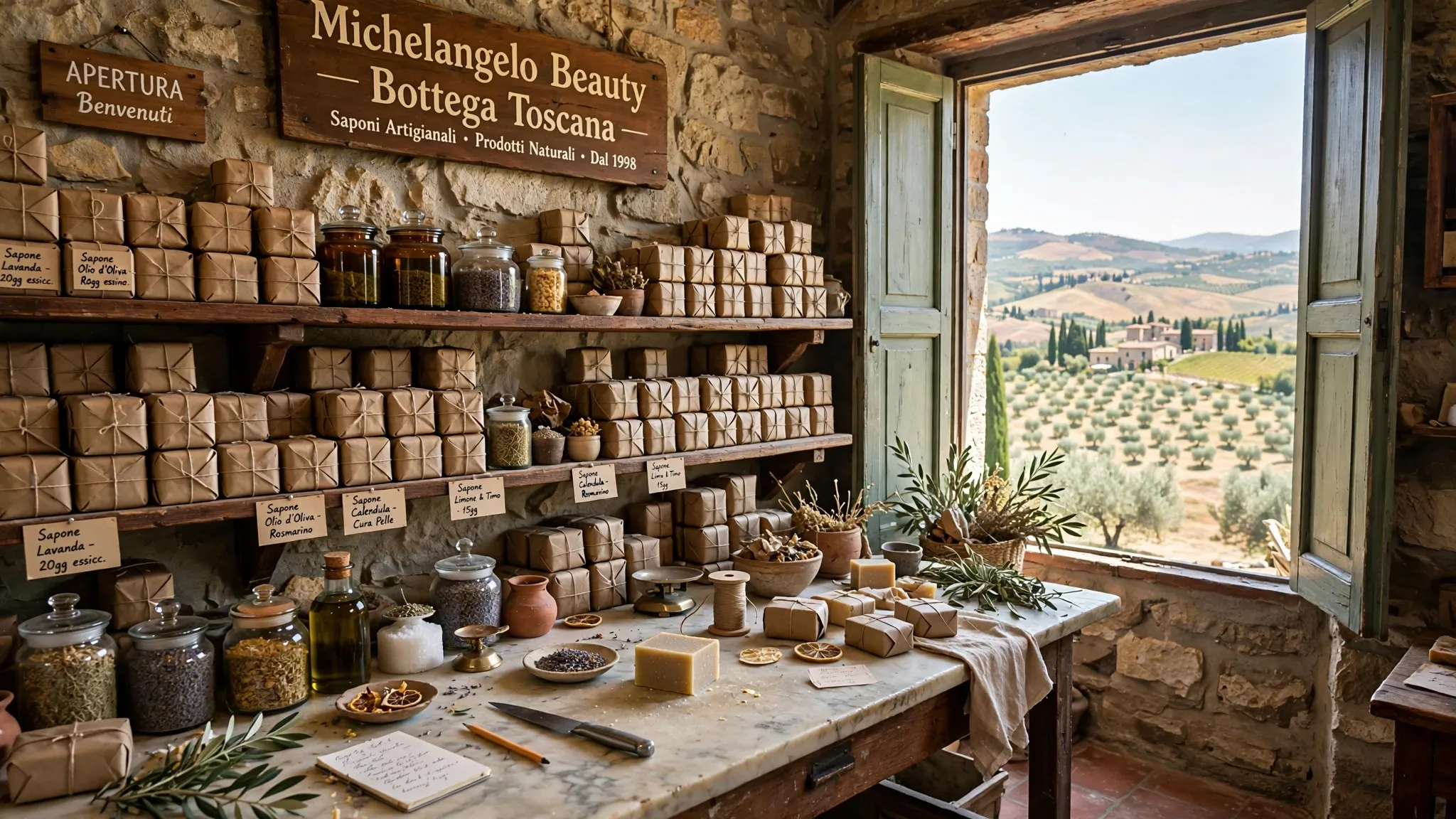 L'interno della bottega: banco di marmo, scaffali di castagno con i saponi in stagionatura, finestra sulle colline