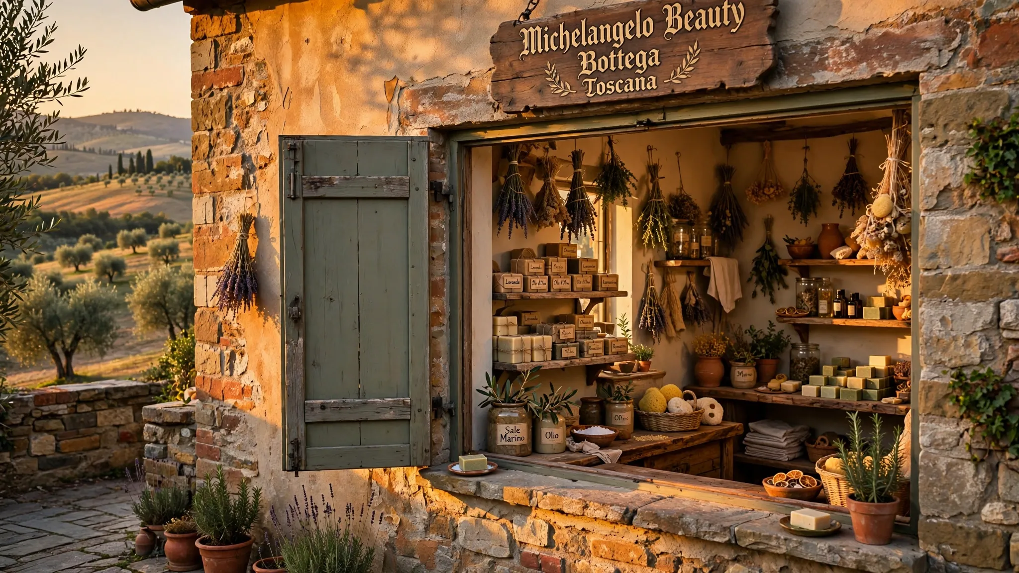 La bottega vista da fuori al tramonto: muro di pietra, scuri verdi aperti, l'insegna e gli ulivi sulle colline
