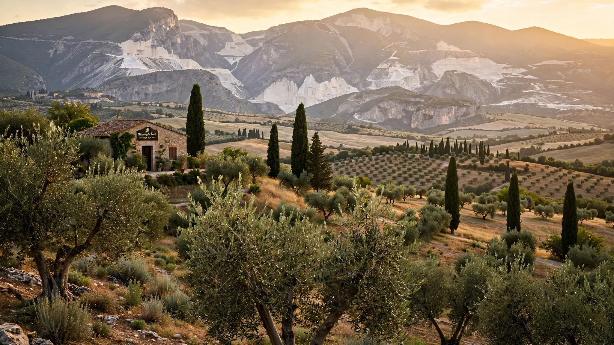 Colline toscane con ulivi in primo piano e le cave di marmo delle Apuane bianche sullo sfondo, luce del tardo pomeriggio