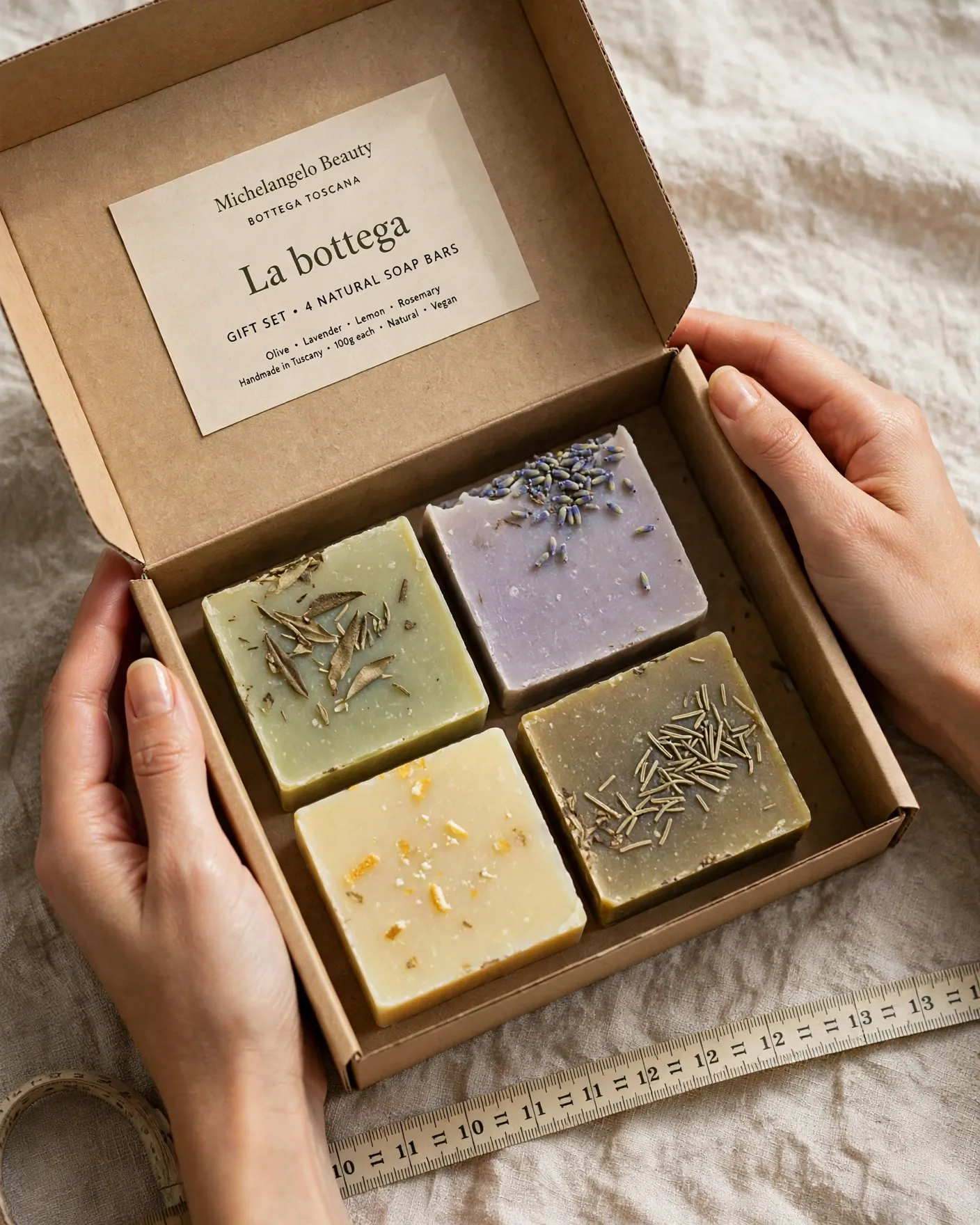 Cofanetto regalo "La bottega", dimensione reale 4 saponi da 100 g