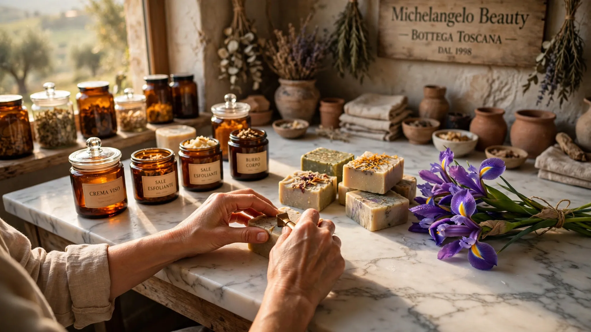 Il banco di marmo della bottega con vasetti in vetro ambrato, saponi e un mazzo di iris; mani che lavorano; luce calda da una finestra laterale