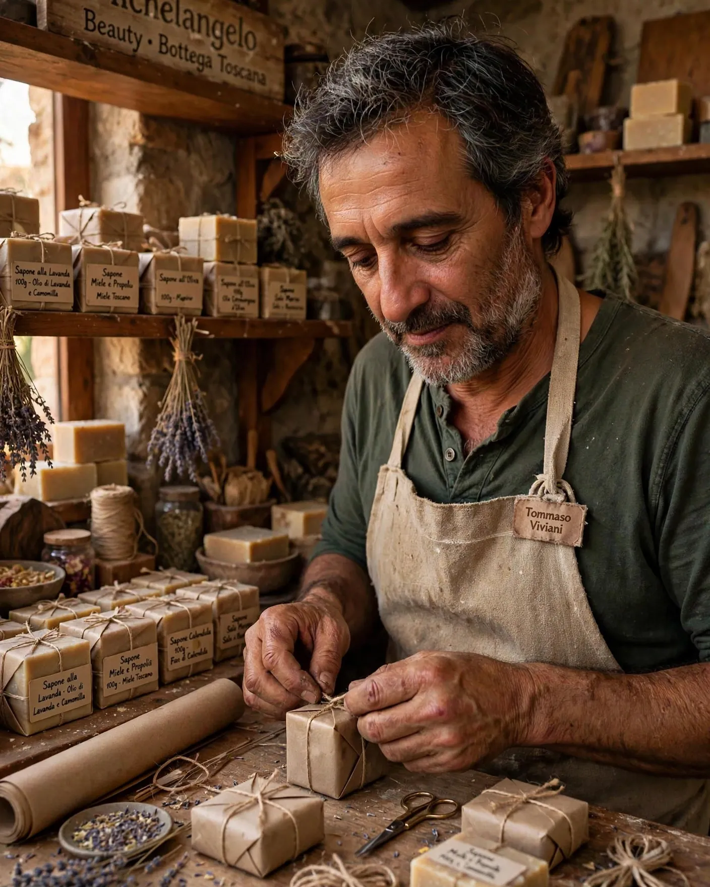 Tommaso incarta i saponi nella carta kraft e li lega con lo spago, al banco della bottega