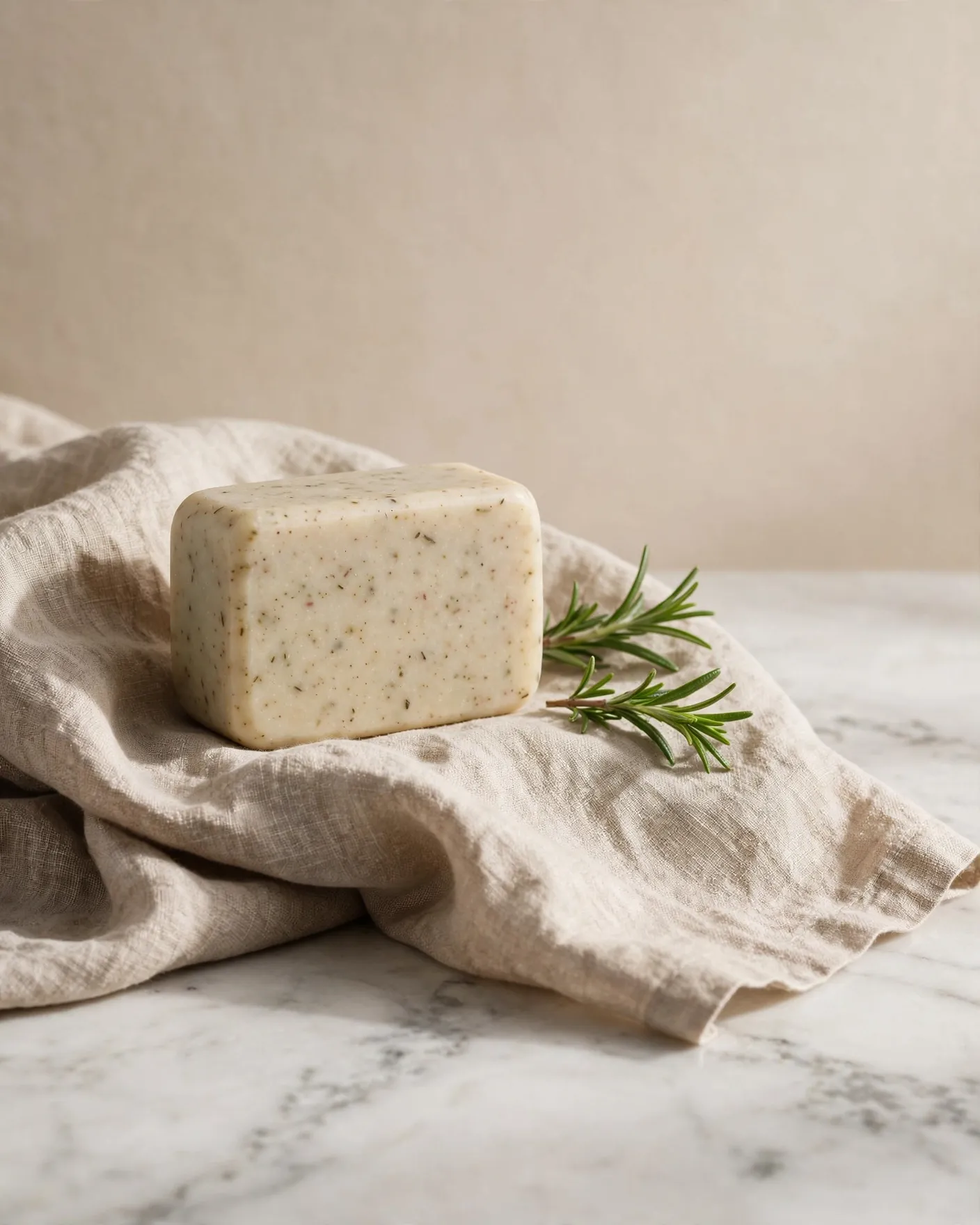 Panetto di shampoo solido su un telo di lino, rametti di rosmarino fresco