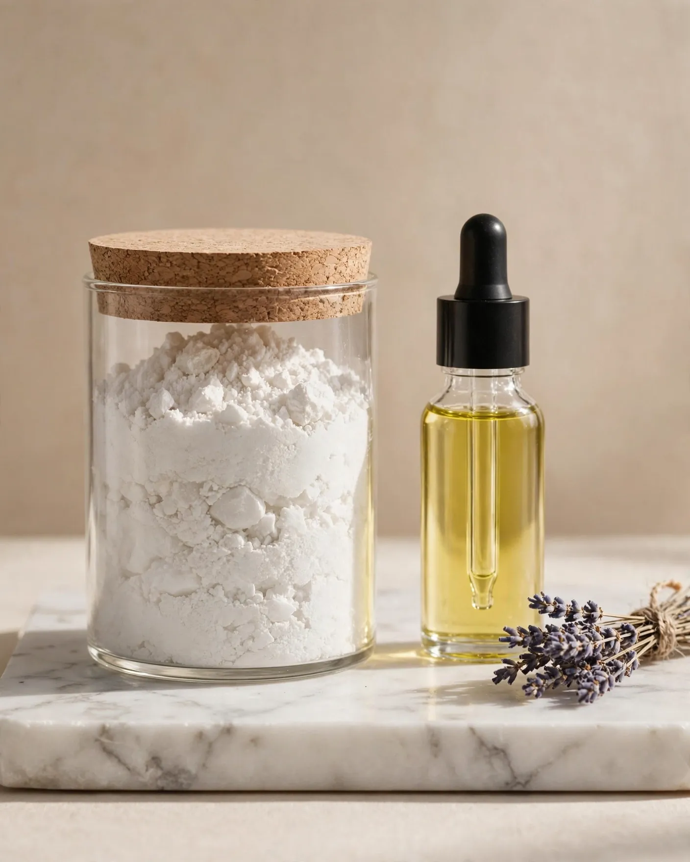 Barattolo di scrub con polvere di marmo bianca e flacone di olio alla lavanda, mazzetto di lavanda