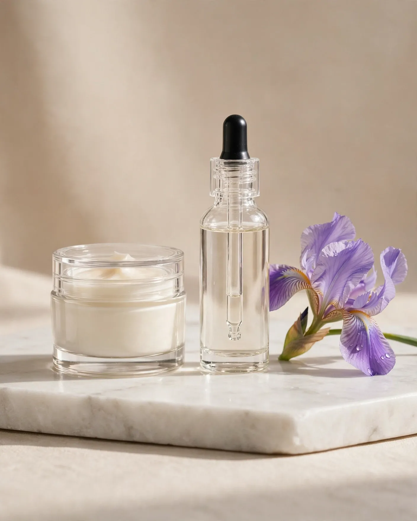 Vasetto di crema e flacone di siero su un piano di marmo, un fiore di iris viola accanto