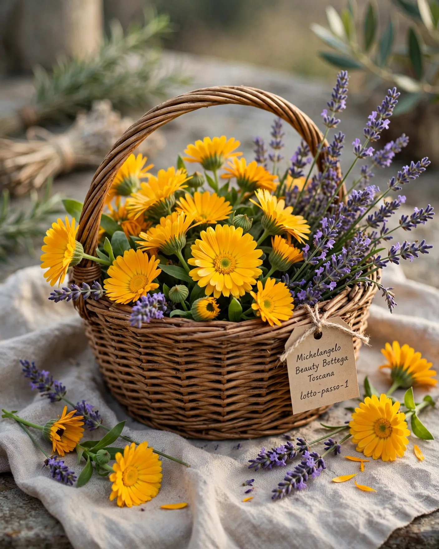 Cesto di vimini con fiori di calendula e rametti di lavanda appena raccolti
