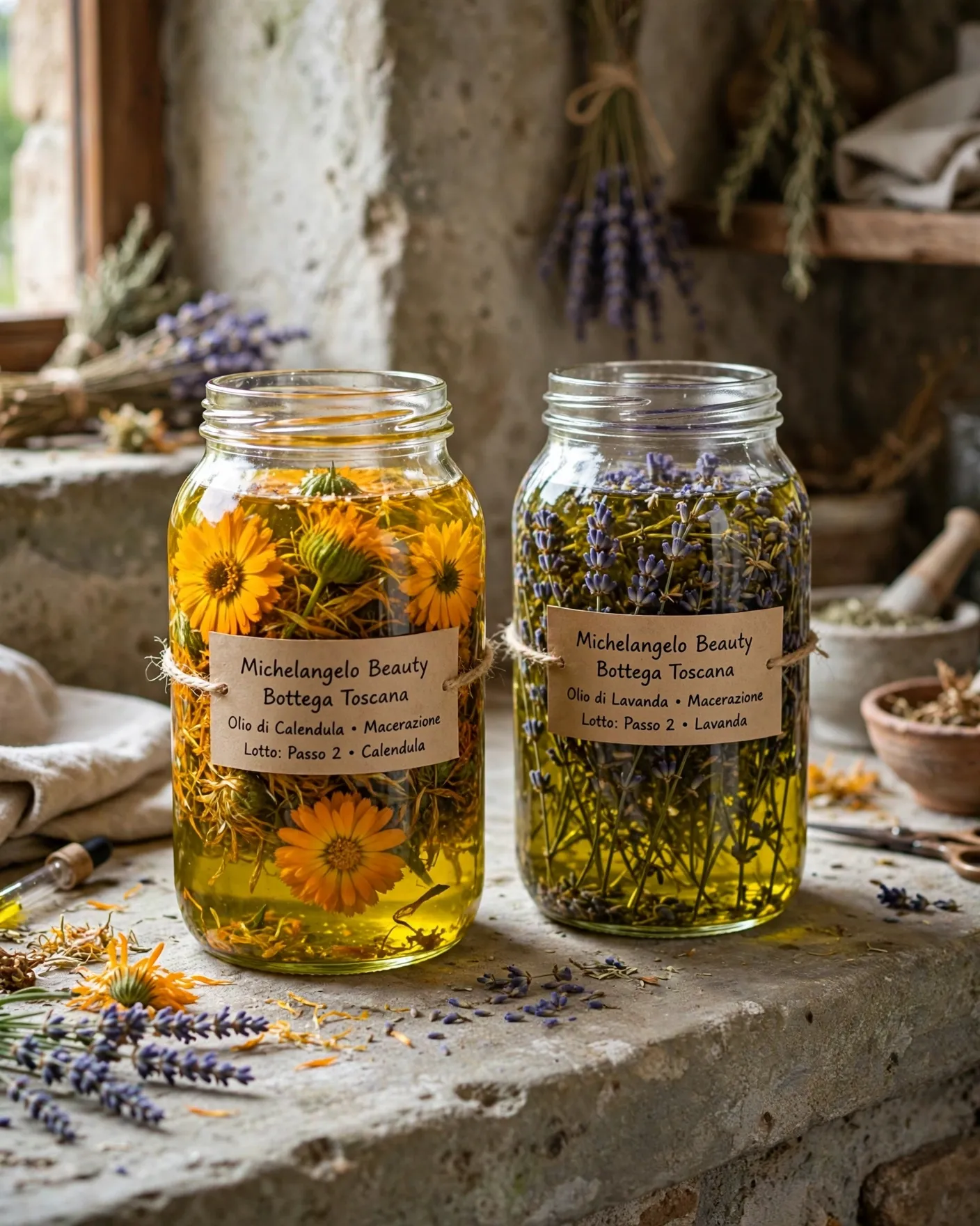 Barattoli di vetro con fiori in olio d'oliva su un davanzale di pietra