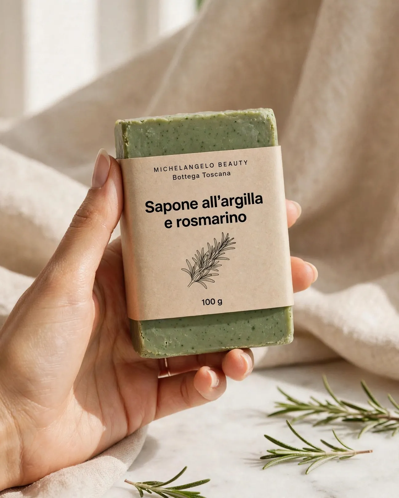 Sapone all'argilla e rosmarino, dimensione reale 100 g