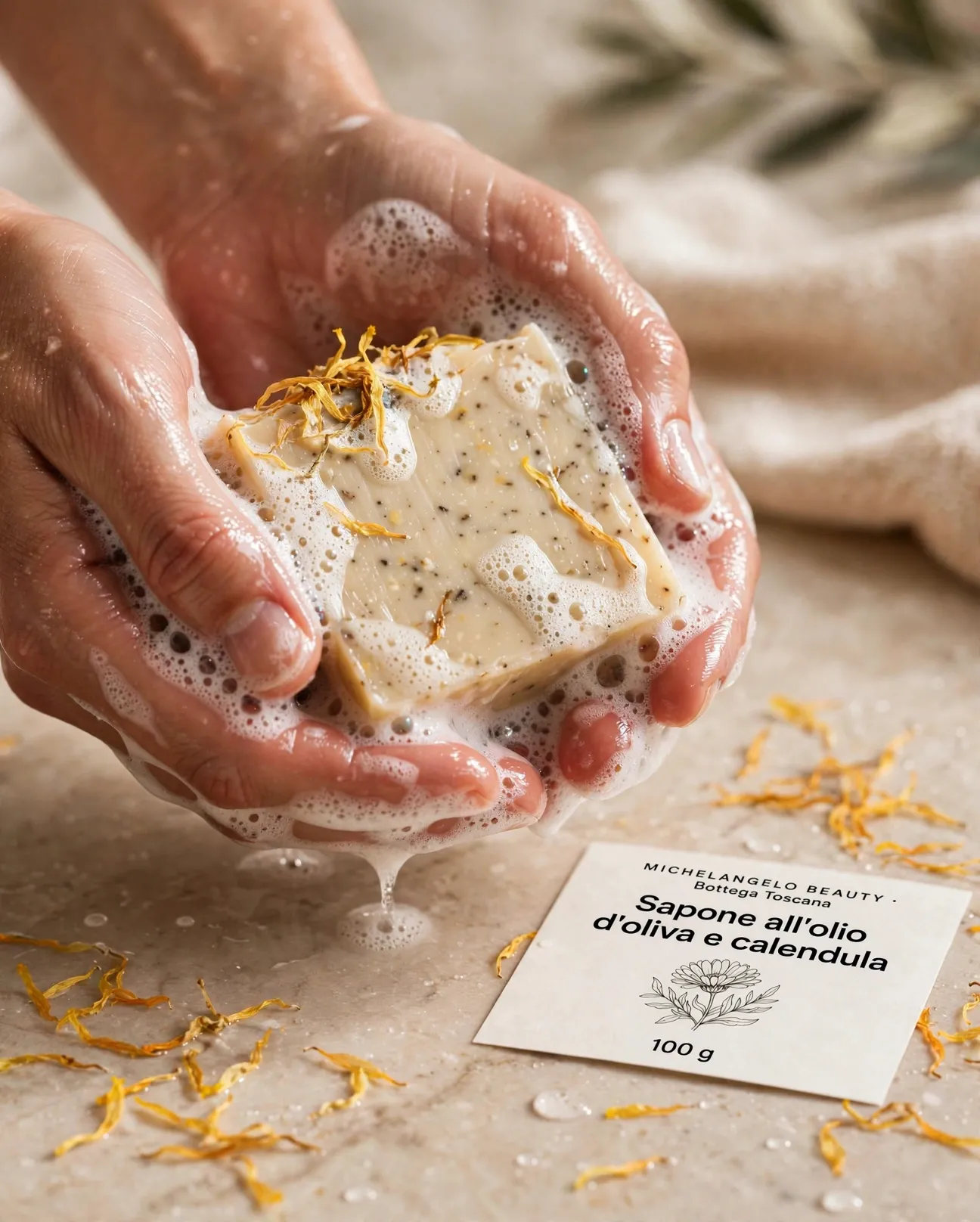 Sapone all'olio d'oliva e calendula, dettaglio