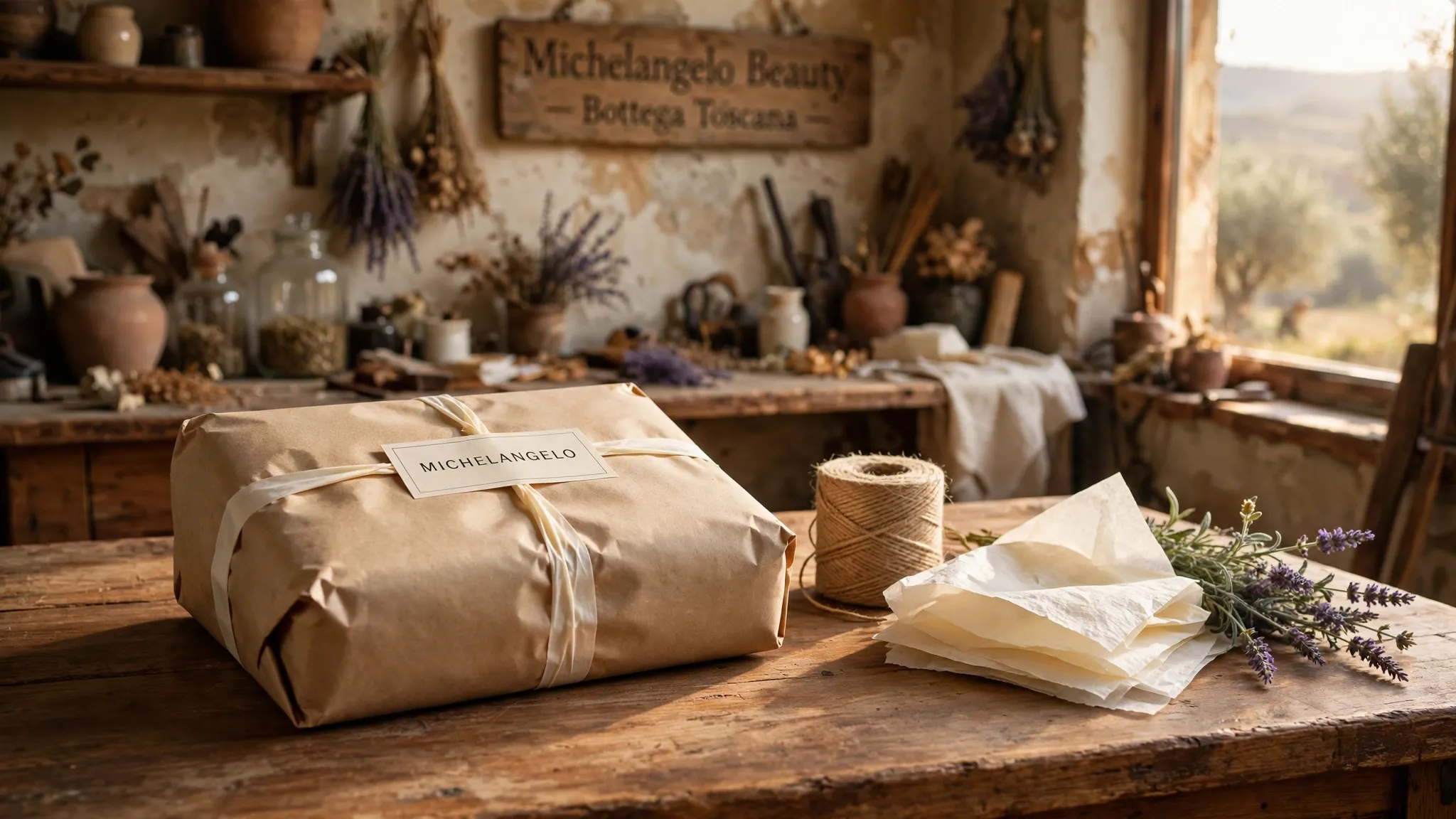 Pacco in carta kraft con etichetta MICHELANGELO e nastro di cotone, sul tavolo delle spedizioni