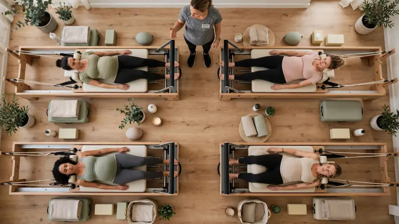 Una lezione vista dall'alto: sei persone sui reformer e l'istruttrice
