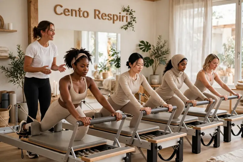 Una lezione di gruppo sui reformer con l'istruttrice