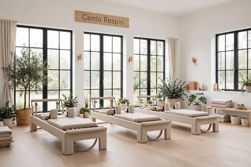La sala vuota con sei reformer e l'insegna in legno