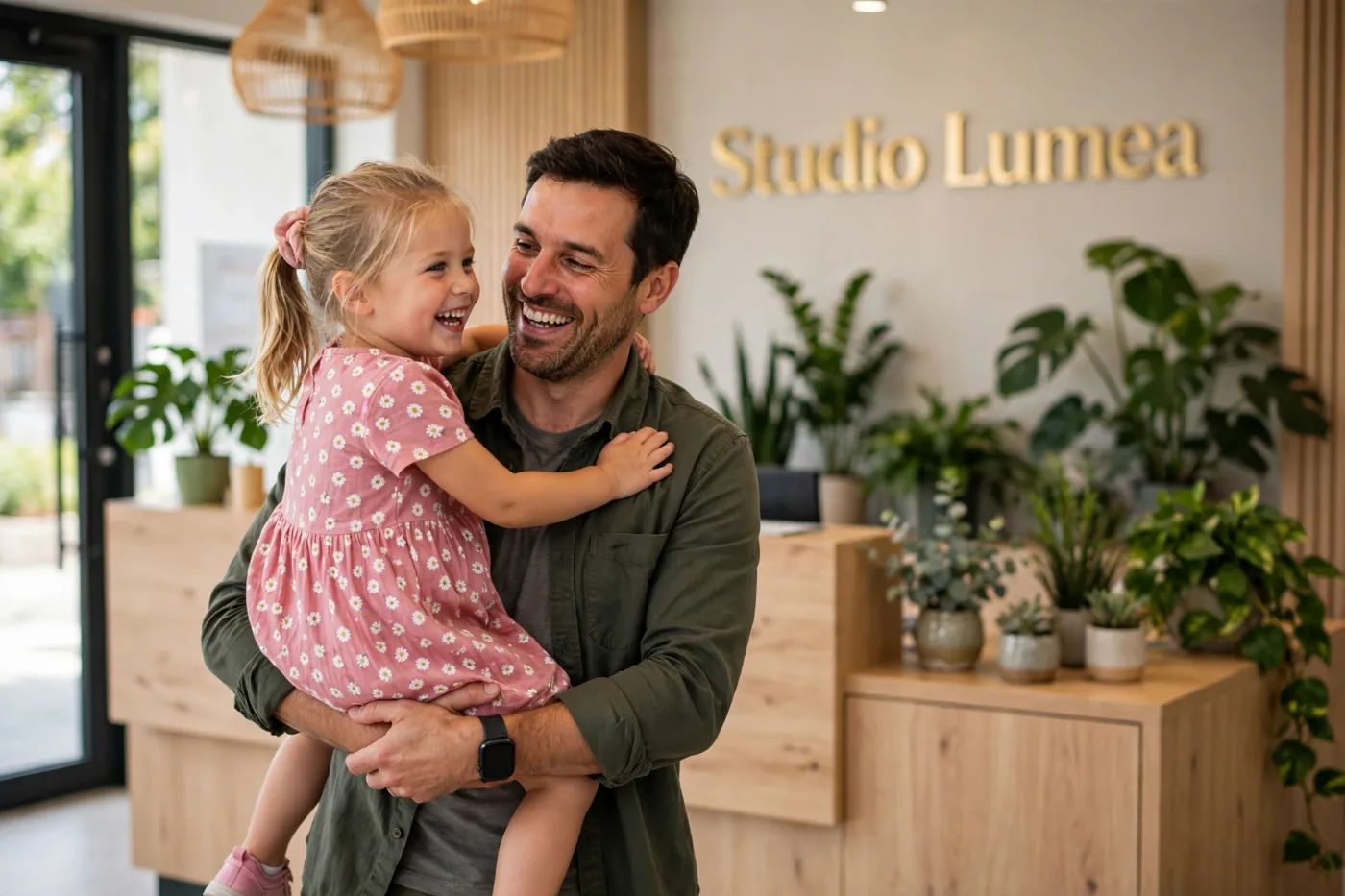 Un papà con la figlia in braccio sorride all'ingresso dello studio