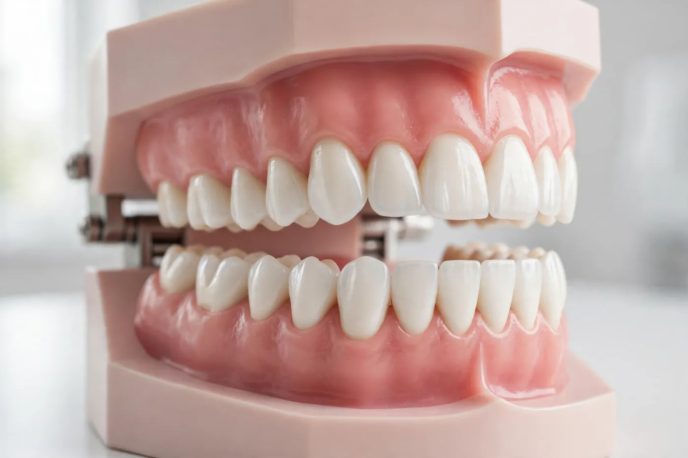 Modello di arcate dentali visto da vicino, con i denti superiori e inferiori a contatto