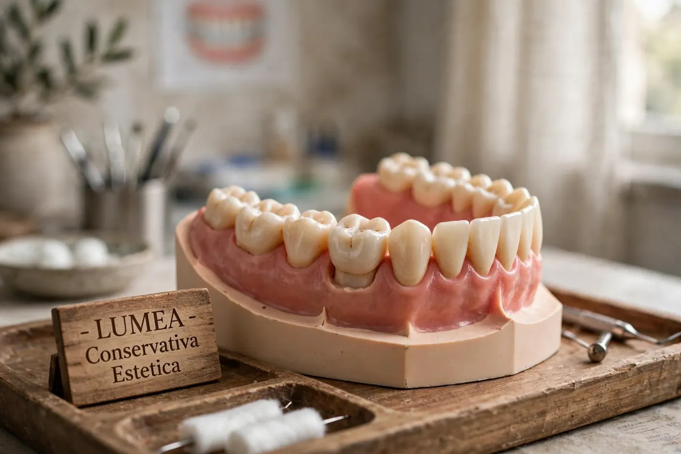 Modello di arcata dentale su un vassoio di legno