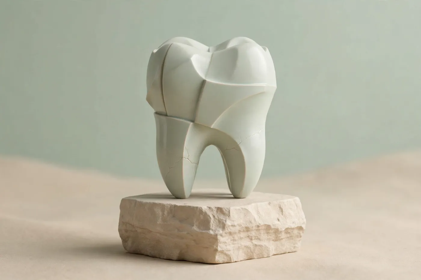 Scultura in ceramica a forma di dente appoggiata su una pietra chiara