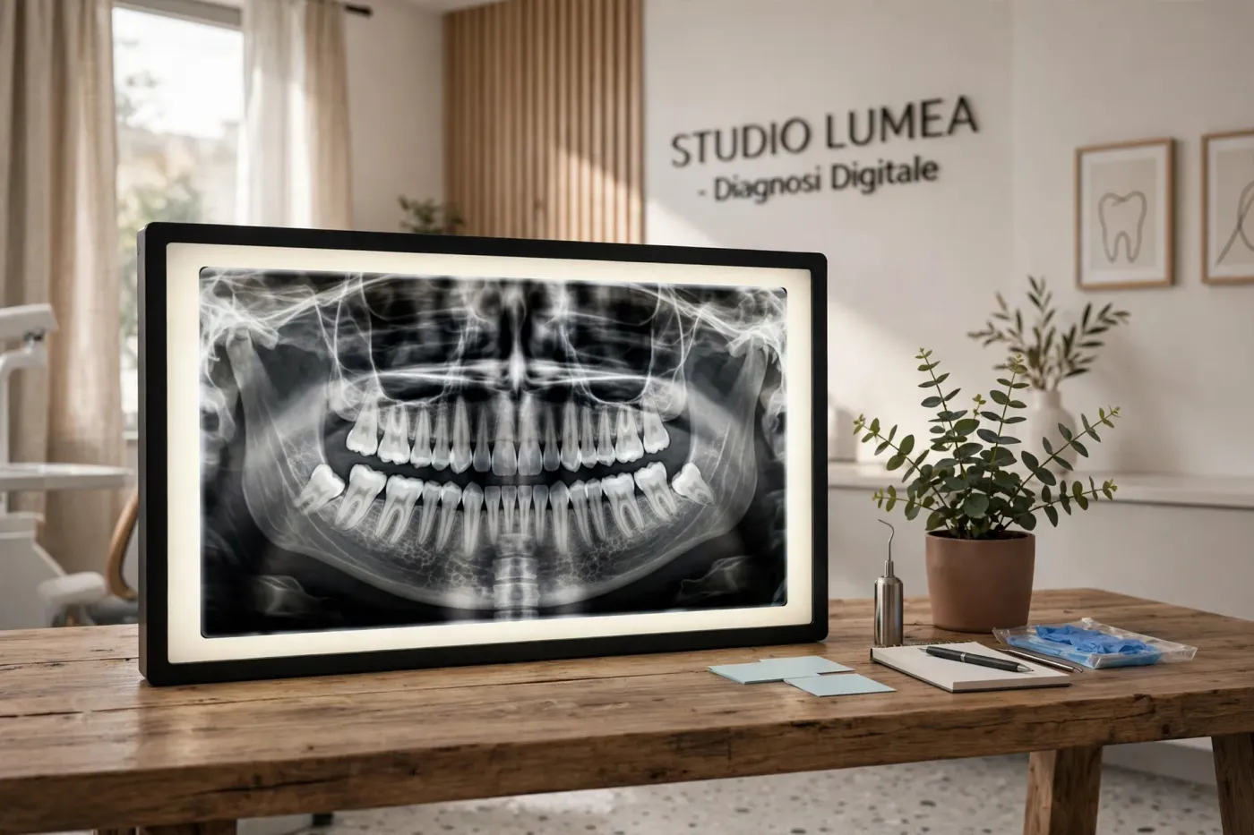 Una radiografia panoramica delle arcate su un visore luminoso