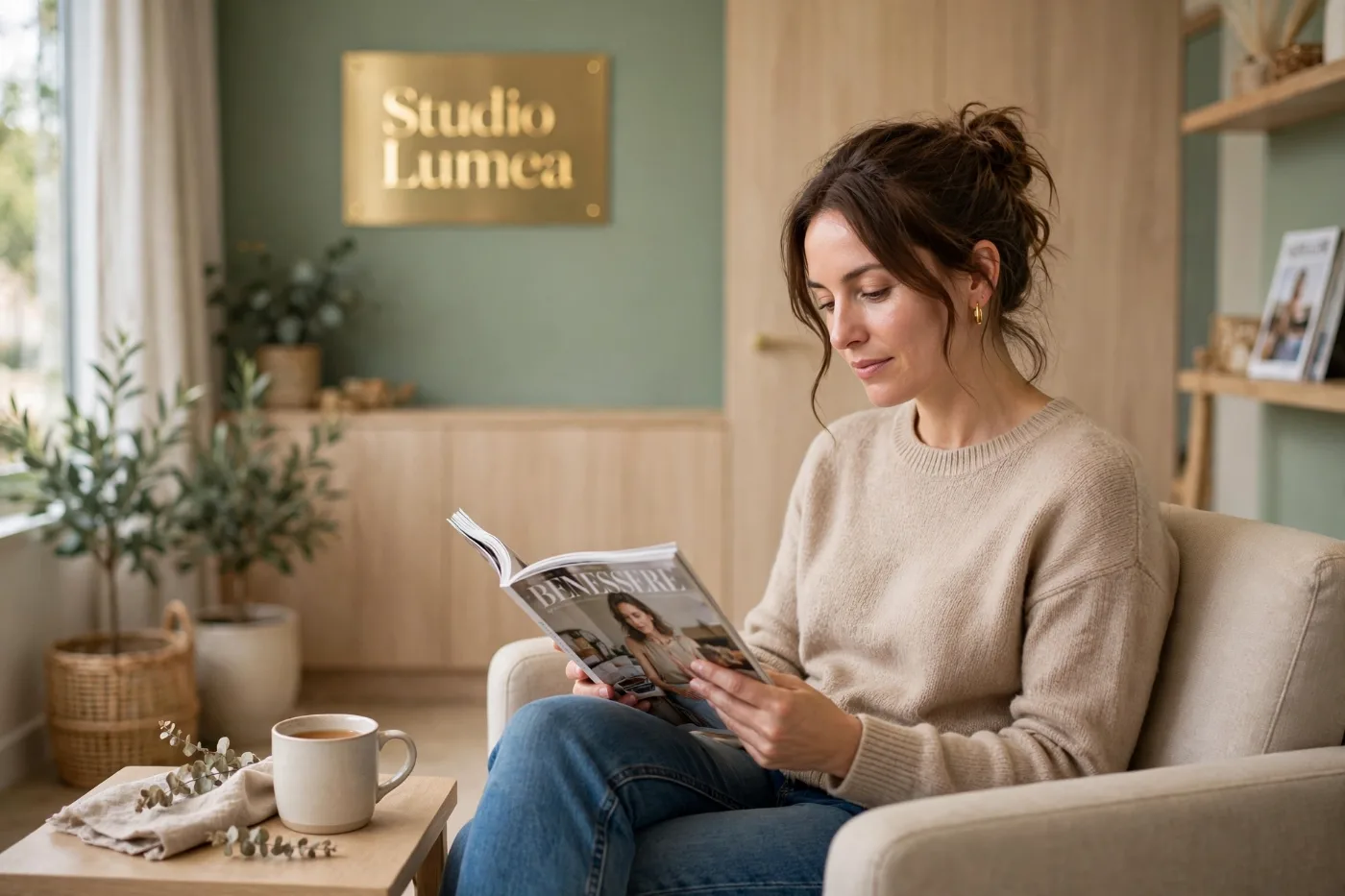 Una paziente legge una rivista in sala d'attesa