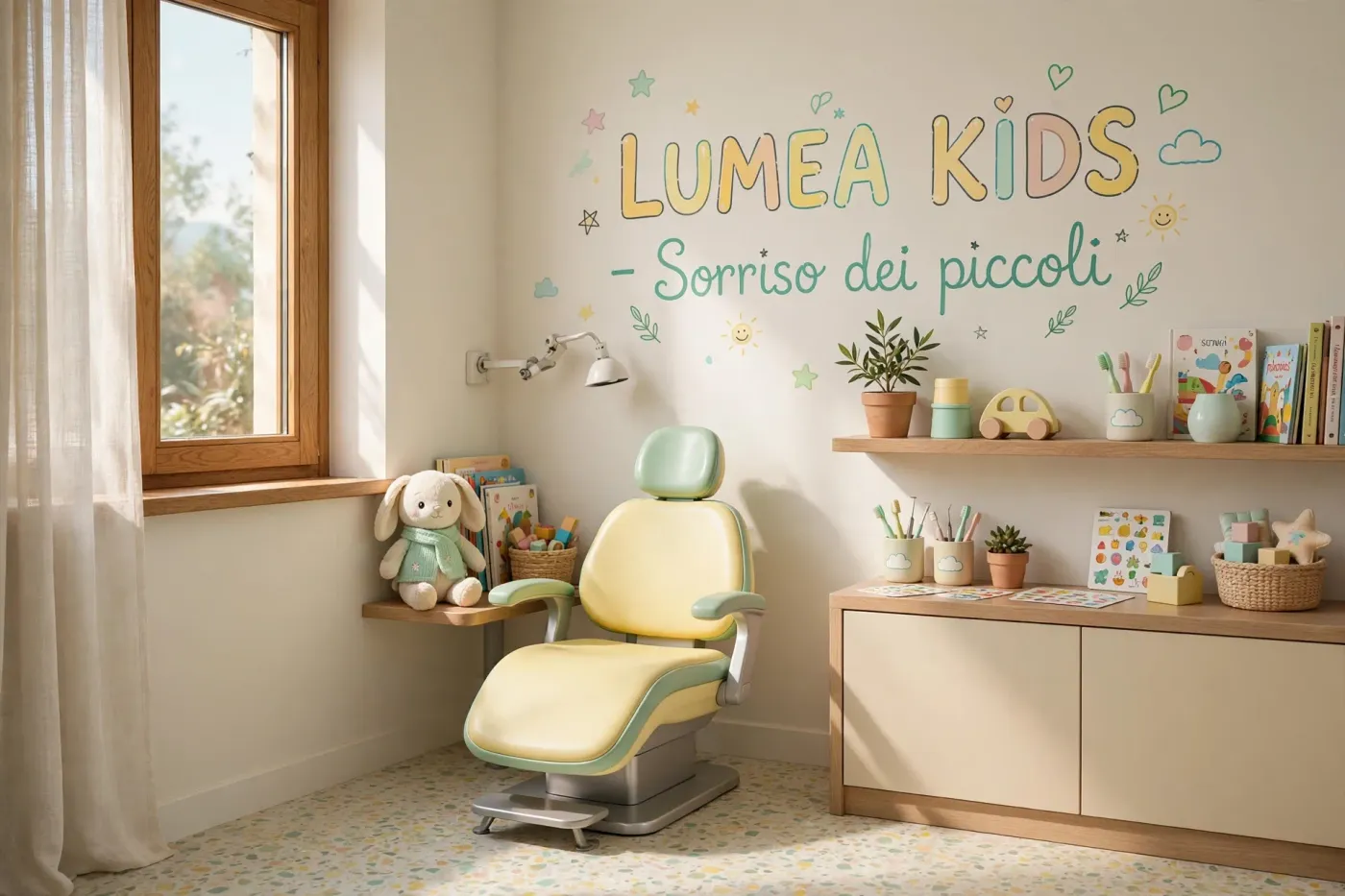 La sala dedicata ai bambini, con una poltrona colorata, libri e giochi