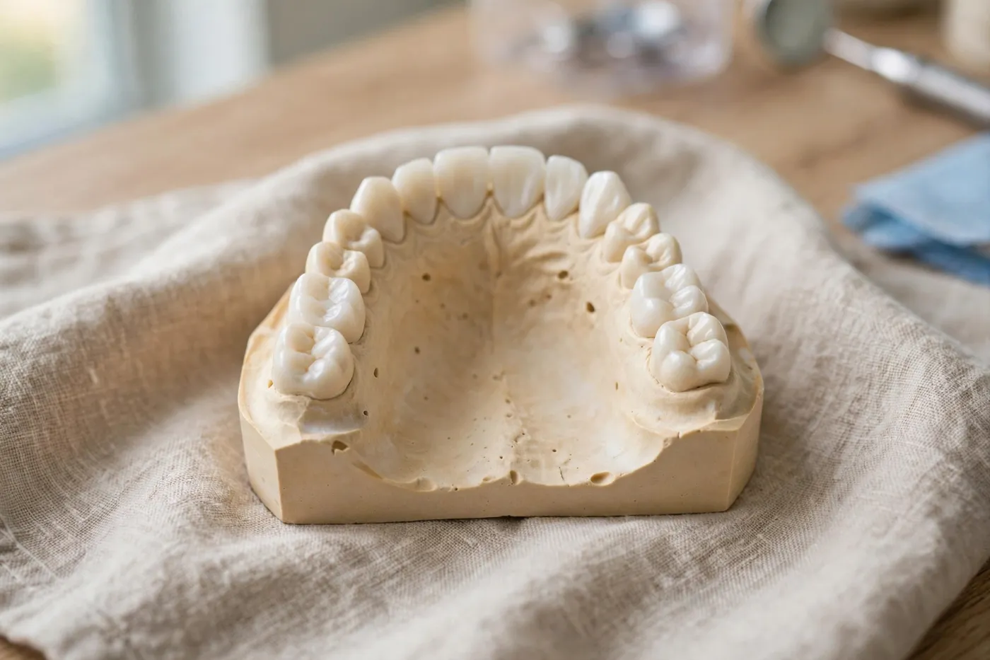 Un modello in gesso di un'arcata dentale su un telo di lino