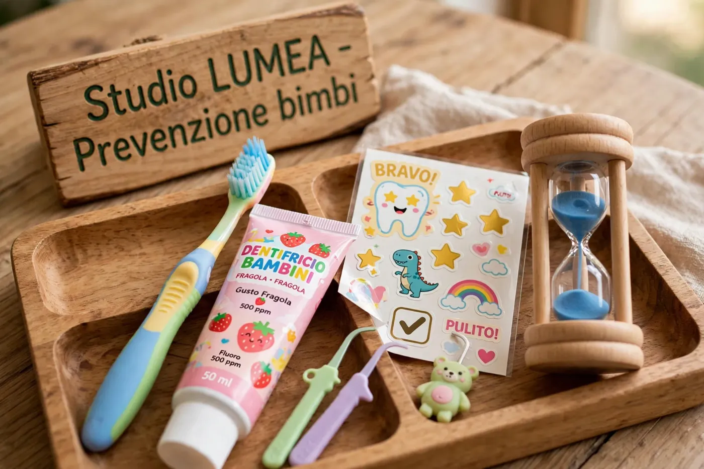Spazzolino, dentifricio per bambini, adesivi e clessidra su un vassoio di legno