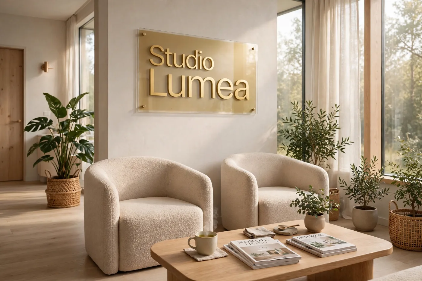 La sala d'attesa dello studio, con poltroncine, piante e grandi finestre