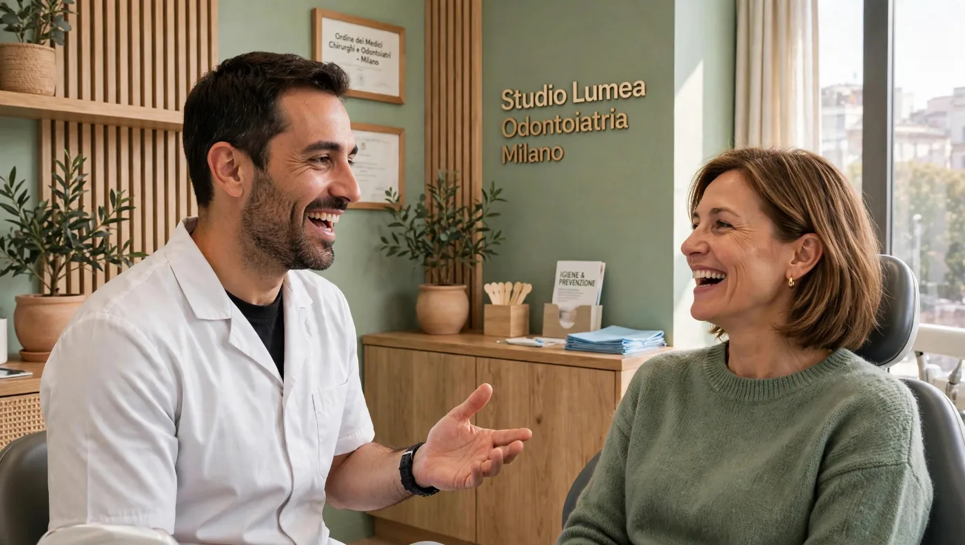 Il dentista parla con una paziente seduta, entrambi sorridenti