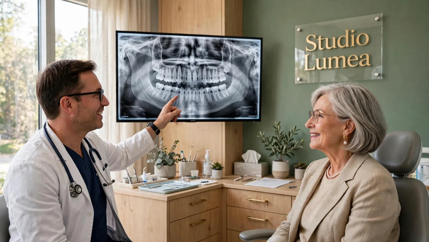 Il dentista spiega una radiografia sullo schermo a una paziente