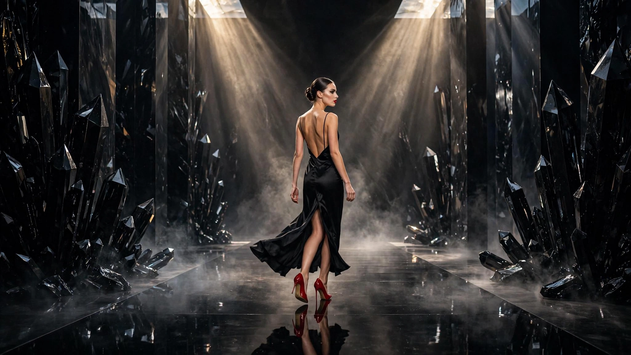 Una modella in abito nero sfila tra due fasci di luce e cristalli neri