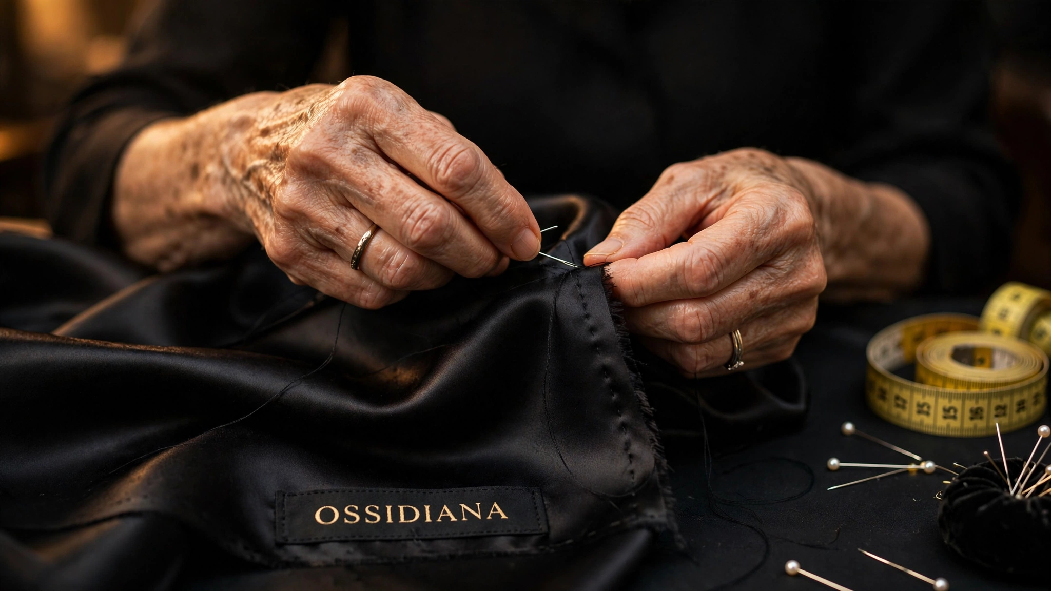Mani di una sarta che cuciono a mano un abito in seta nera con l'etichetta Ossidiana